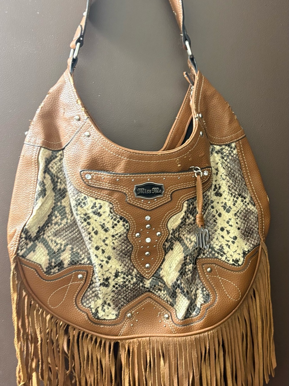 Miss Me Brown Snake-Print Fringe Shoulder Bag